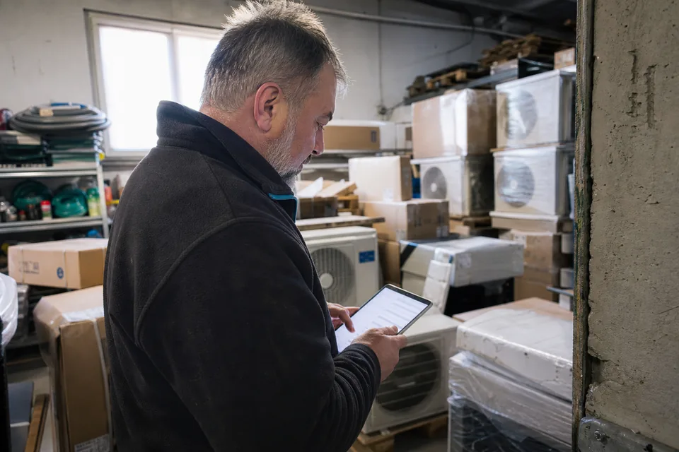 Właściciel firmy instalacyjnej przegląda w magazynie listę klientów w systemie CRM na tablecie