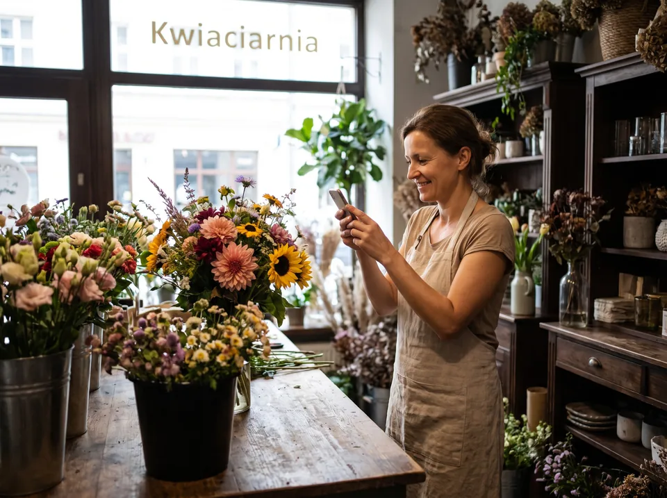 Florystka fotografuje telefonem bukiet do posta w swojej kwiaciarni